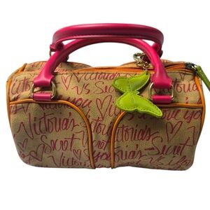 Victoria's Secret Beige Canvas Handbag with Pink Handles and Green Charm